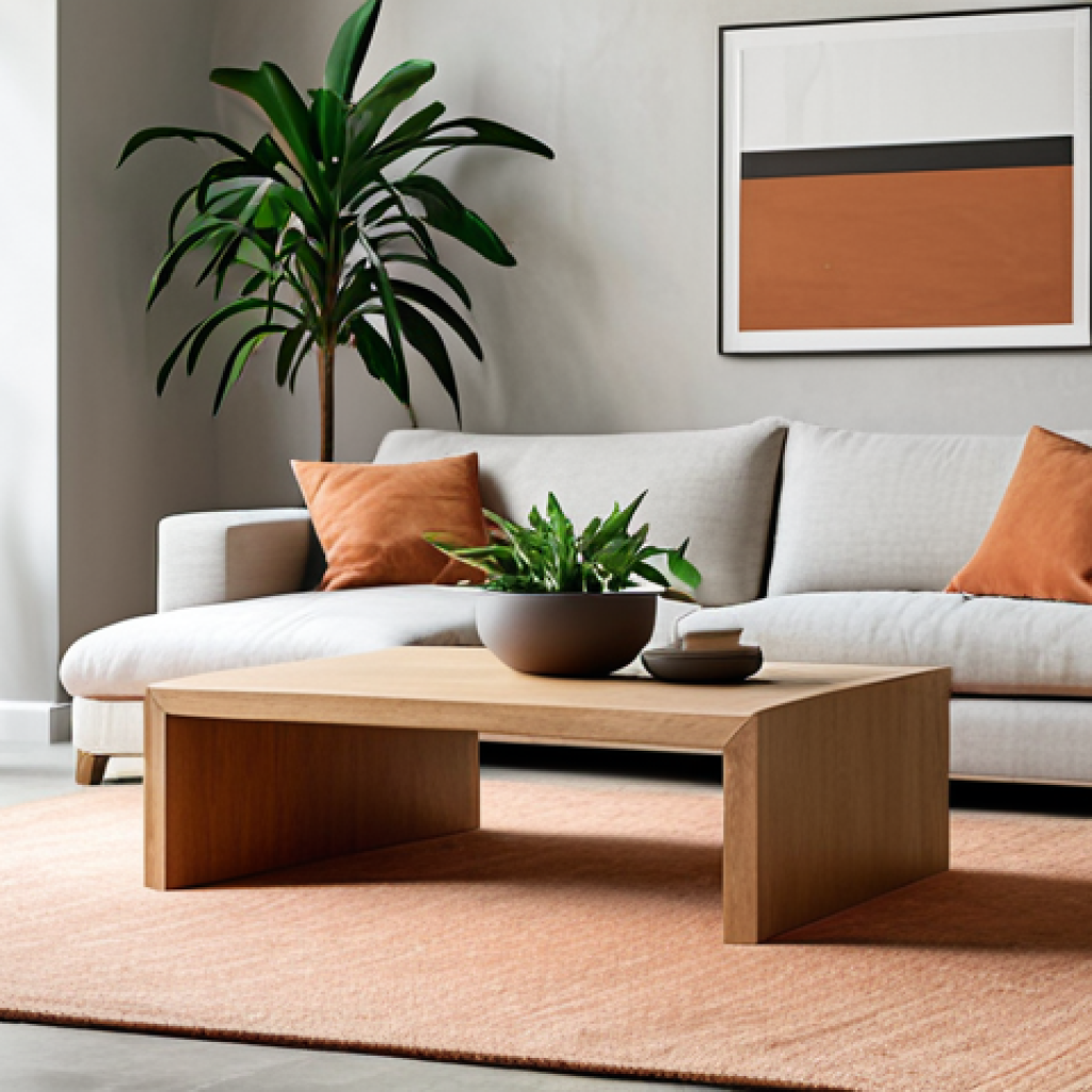 **A minimalist luxurious living room. Focus on natural light streaming through large windows, illuminating a solid oak coffee table and a linen sofa with clean lines. A single, striking piece of modern art hangs on a light gray wall. Include a few strategically placed green plants. The overall palette is neutral with a terracotta accent rug.**