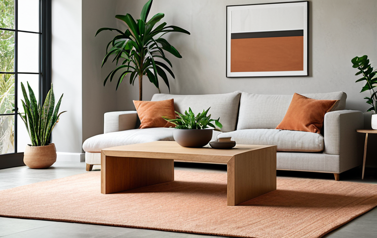 **A minimalist luxurious living room. Focus on natural light streaming through large windows, illuminating a solid oak coffee table and a linen sofa with clean lines. A single, striking piece of modern art hangs on a light gray wall. Include a few strategically placed green plants. The overall palette is neutral with a terracotta accent rug.**