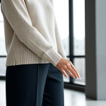A professional woman stands confidently in a spacious, minimalist office interior. She is wearing a finely tailored, modest cashmere sweater in a neutral tone and dark, professional trousers. Her hands are gently touching the soft fabric of her sleeve, conveying a sense of tactile quality and comfort. The background features blurred, clean architectural lines and natural light streaming through large windows, creating an atmosphere of quiet elegance and serene professionalism. safe for work, appropriate content, fully clothed, professional dress, perfect anatomy, correct proportions, natural pose, well-formed hands, proper finger count, natural body proportions, high quality photography, sharp focus, professional, family-friendly.