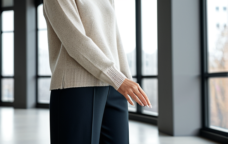 A professional woman stands confidently in a spacious, minimalist office interior. She is wearing a finely tailored, modest cashmere sweater in a neutral tone and dark, professional trousers. Her hands are gently touching the soft fabric of her sleeve, conveying a sense of tactile quality and comfort. The background features blurred, clean architectural lines and natural light streaming through large windows, creating an atmosphere of quiet elegance and serene professionalism. safe for work, appropriate content, fully clothed, professional dress, perfect anatomy, correct proportions, natural pose, well-formed hands, proper finger count, natural body proportions, high quality photography, sharp focus, professional, family-friendly.