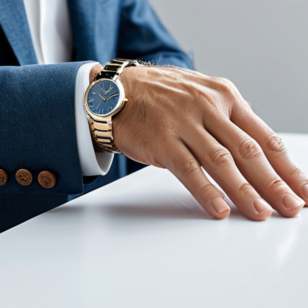 A discerning individual, fully clothed in modest professional attire, gently holding a minimalist luxury watch, examining its subtle details and craftsmanship. The setting is a bright, clean design studio with soft natural light, highlighting the watch's brushed metal and clear dial. The atmosphere evokes a sense of quiet appreciation for timeless aesthetics and quality. safe for work, appropriate content, perfect anatomy, natural pose, well-formed hands, correct proportions, professional photography, high quality image, professional, family-friendly.