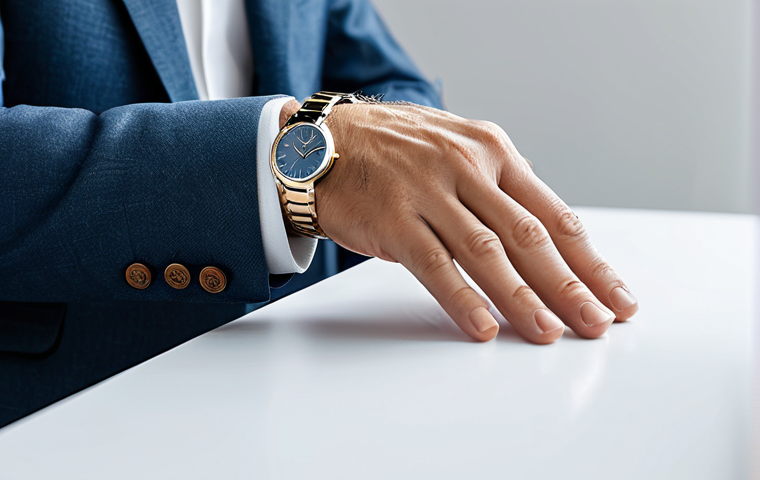 A discerning individual, fully clothed in modest professional attire, gently holding a minimalist luxury watch, examining its subtle details and craftsmanship. The setting is a bright, clean design studio with soft natural light, highlighting the watch's brushed metal and clear dial. The atmosphere evokes a sense of quiet appreciation for timeless aesthetics and quality. safe for work, appropriate content, perfect anatomy, natural pose, well-formed hands, correct proportions, professional photography, high quality image, professional, family-friendly.