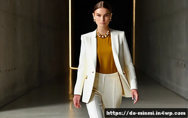 미니멀 럭셔리 패션쇼의 트렌드 분석 - Photorealistic minimalist luxury fashion runway in Berlin, elegant adult female model wearing a prec...